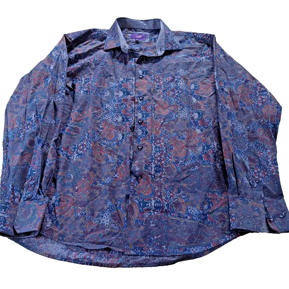 Tallia Men's Large Vibrant Blue‎ Paisley Shirt 100% Cotton XL 17 1/2